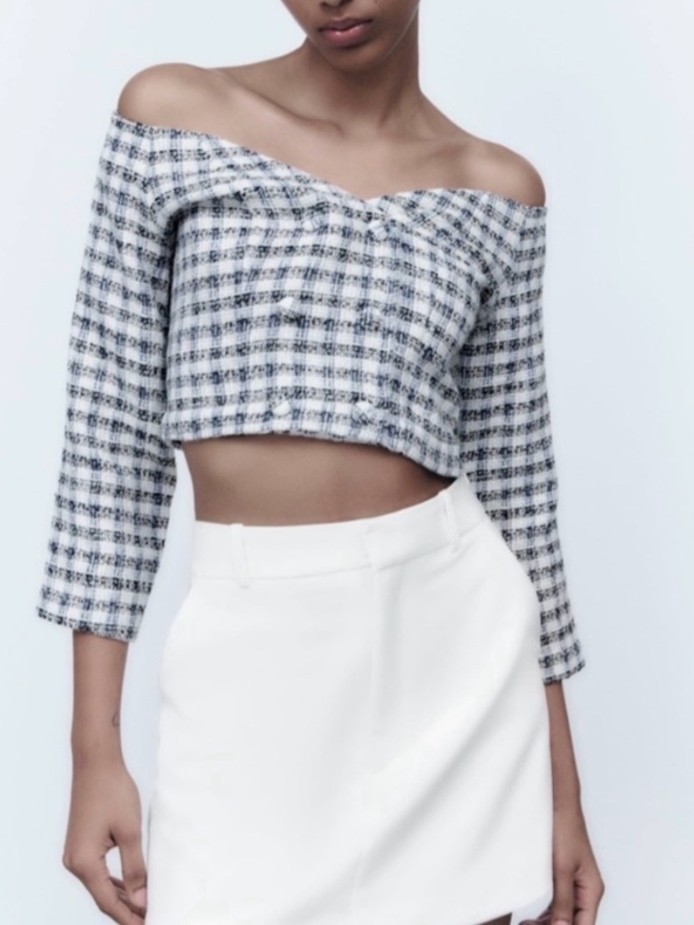 Zara Textured Knit Off Shoulder Crop Top Tweed White Blue Long Sleeve M NWT